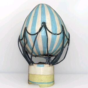 Papier Mache Folk Art Hot Air Balloon Flat Back Hook To Hang Handmade Cream Blue